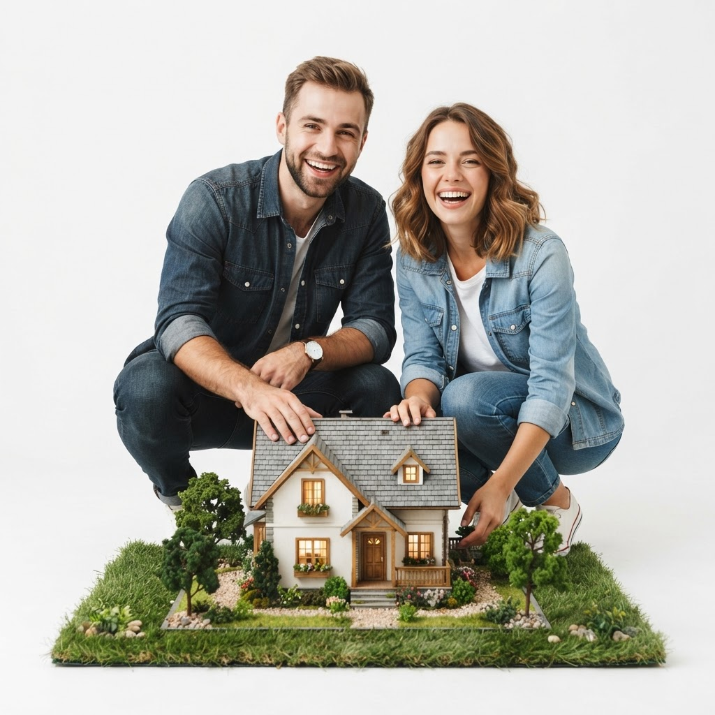 A happy couple behind a model home representing a smooth mortgage experience